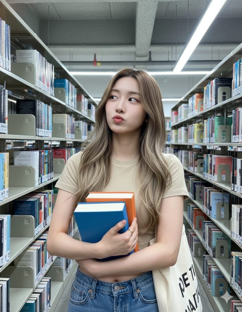 Nanobanana模型生成 图书馆俏皮女孩 - AI绘画提示词参考