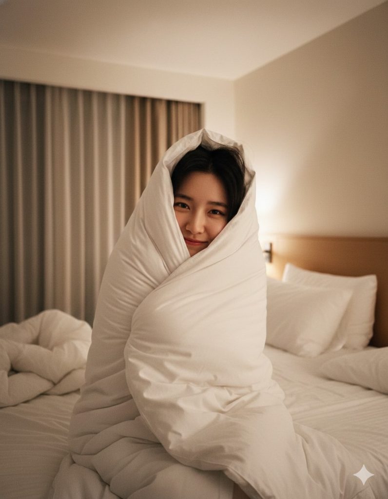 Nanobanana模型生成 酒店被窝自拍 - AI绘画提示词参考