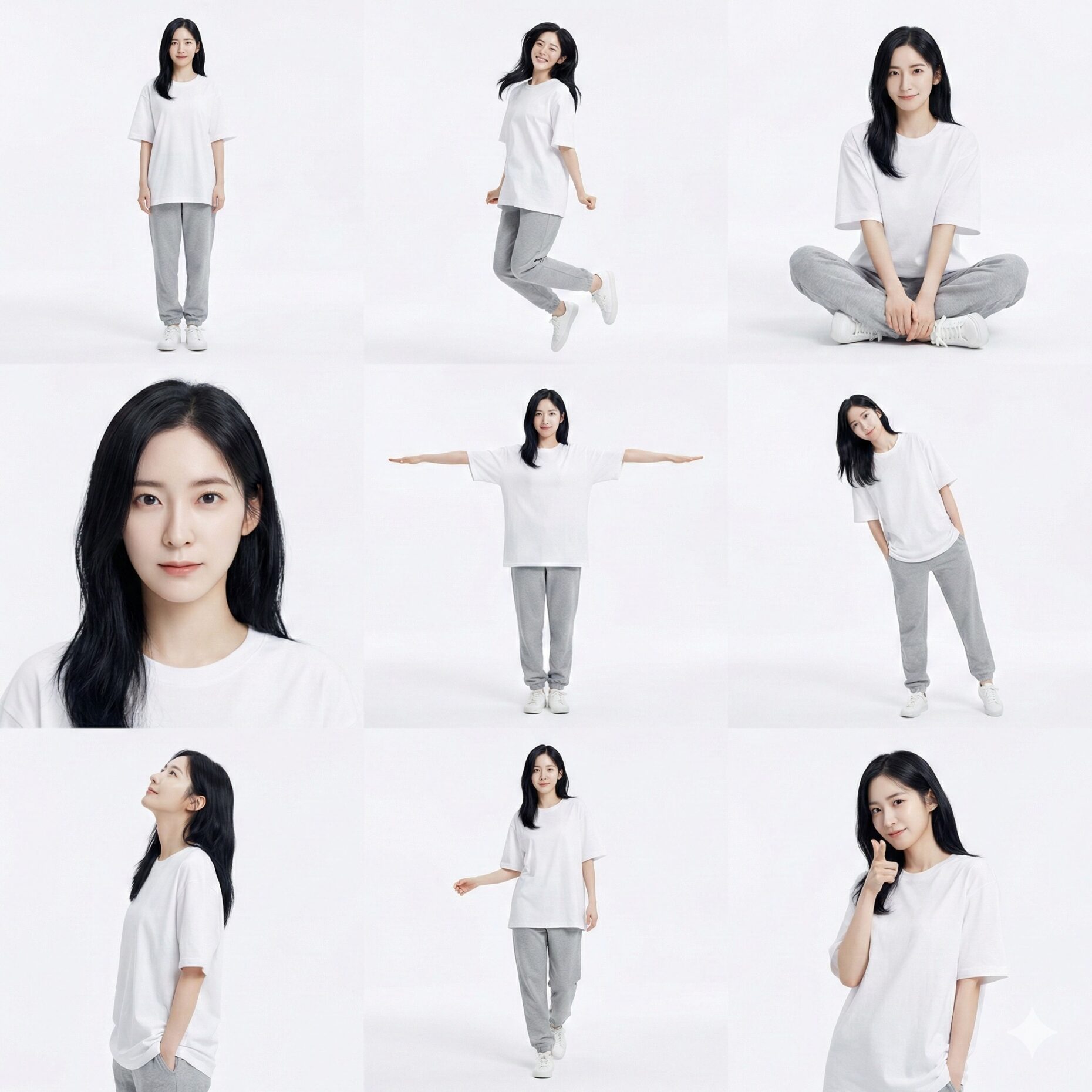 Nanobanana模型生成 极简白棚九宫格清新人像 - AI绘画提示词参考