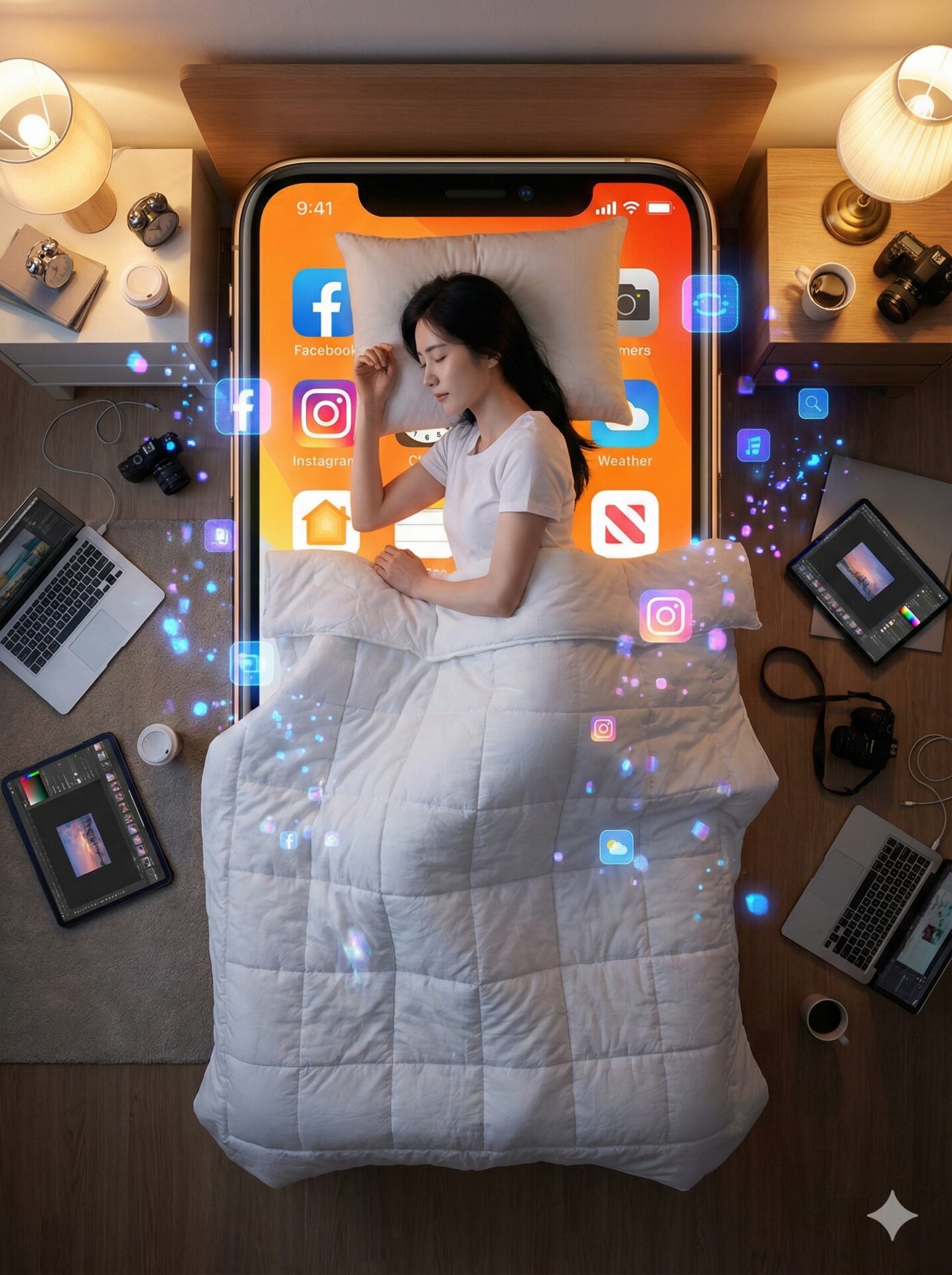 Nanobanana模型生成 少女卧手机幻梦 - AI绘画提示词参考