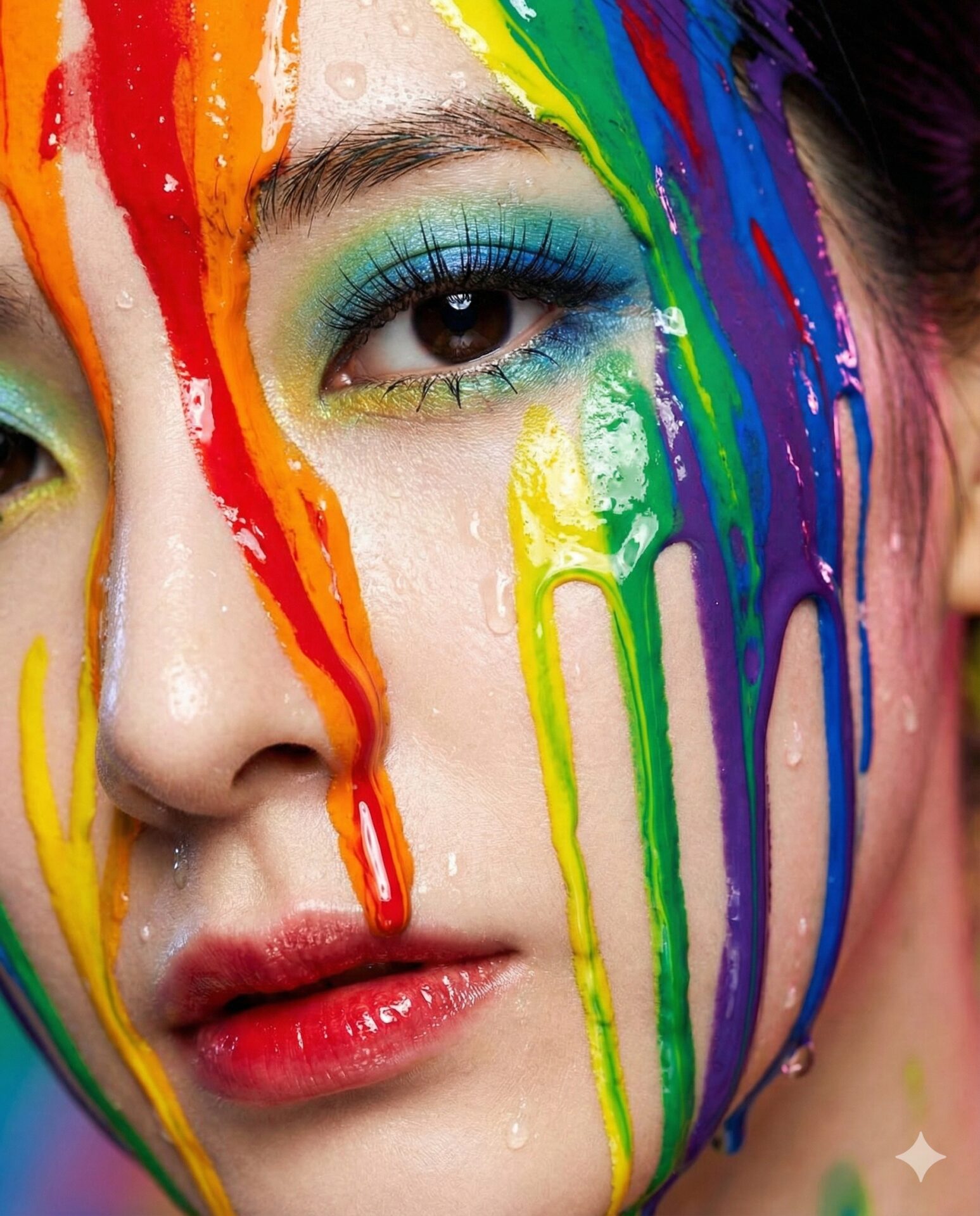 Nanobanana模型生成 彩虹漆泪冷艳特写 - AI绘画提示词参考