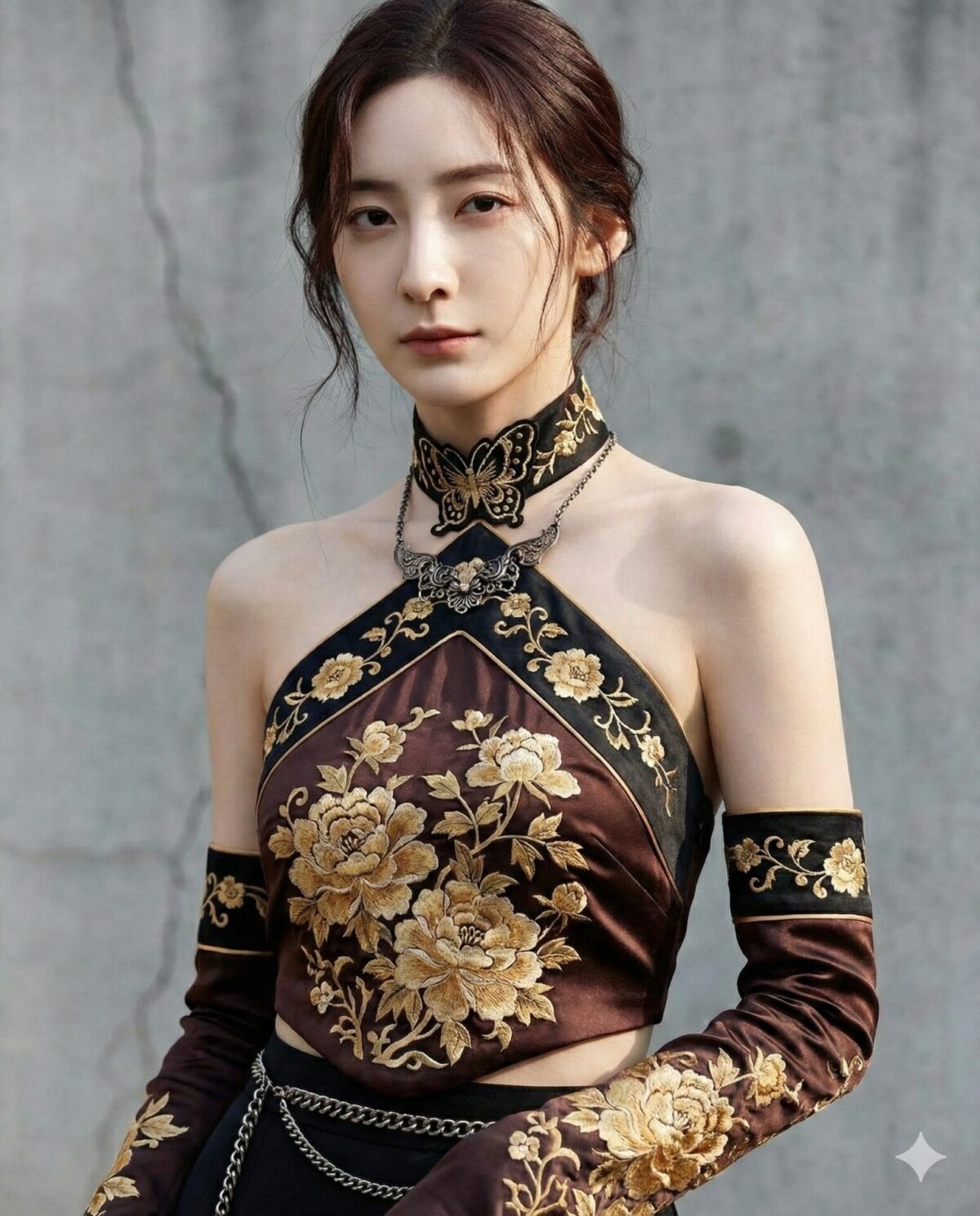 Nanobanana模型生成 金绣牡丹黑棕时尚大片 - AI绘画提示词参考