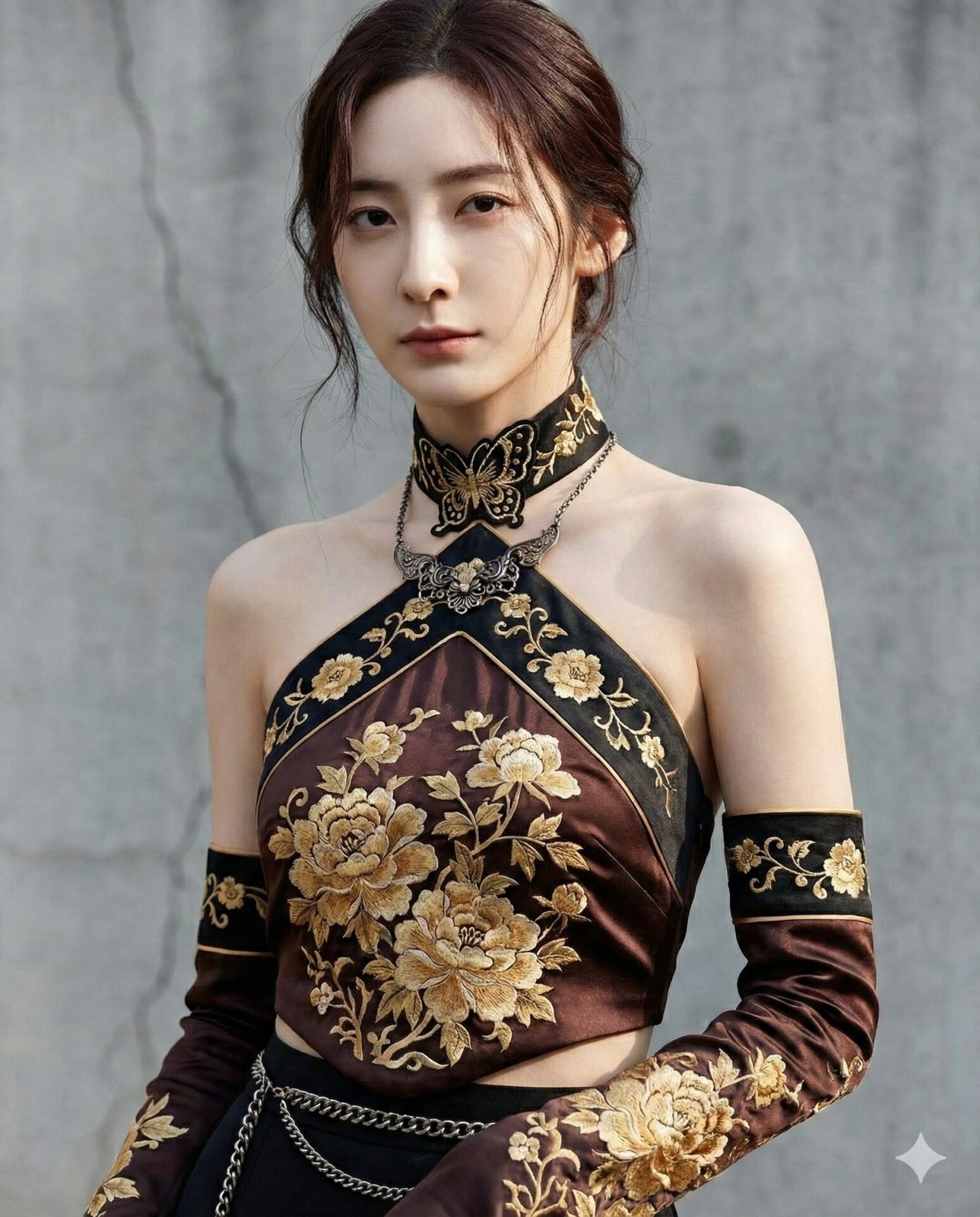 Nanobanana模型生成 金绣牡丹黑棕时尚大片 - AI绘画提示词参考