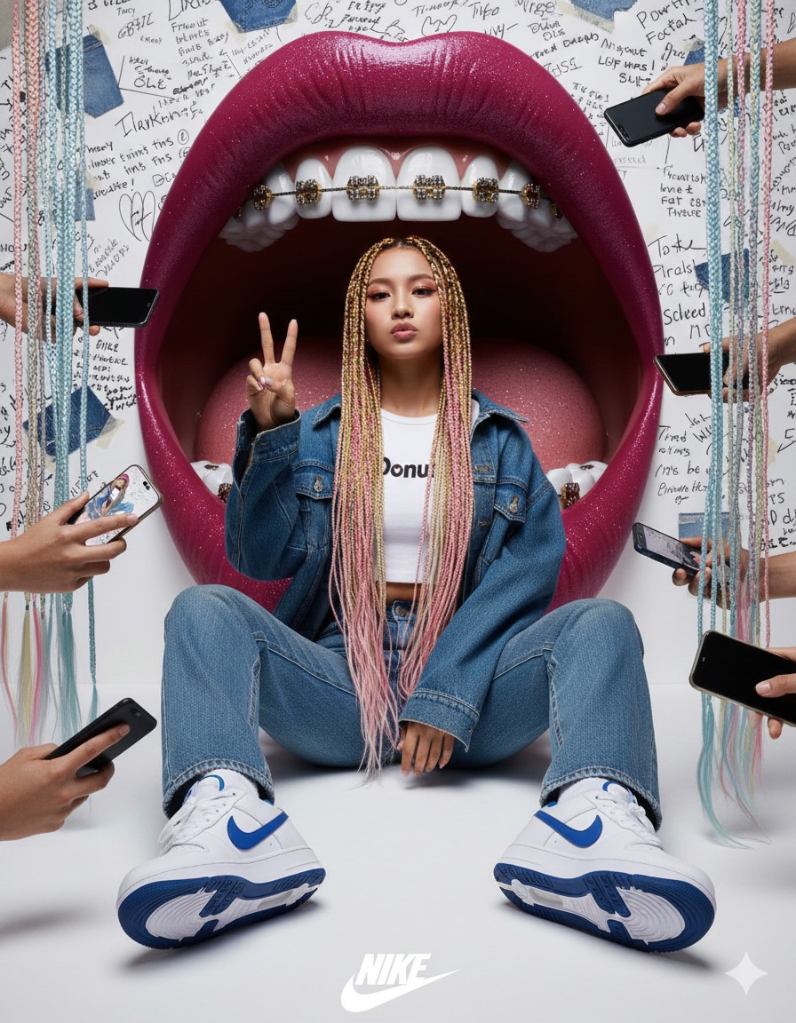 Nanobanana模型生成 巨口潮拍少女写真 - AI绘画提示词参考