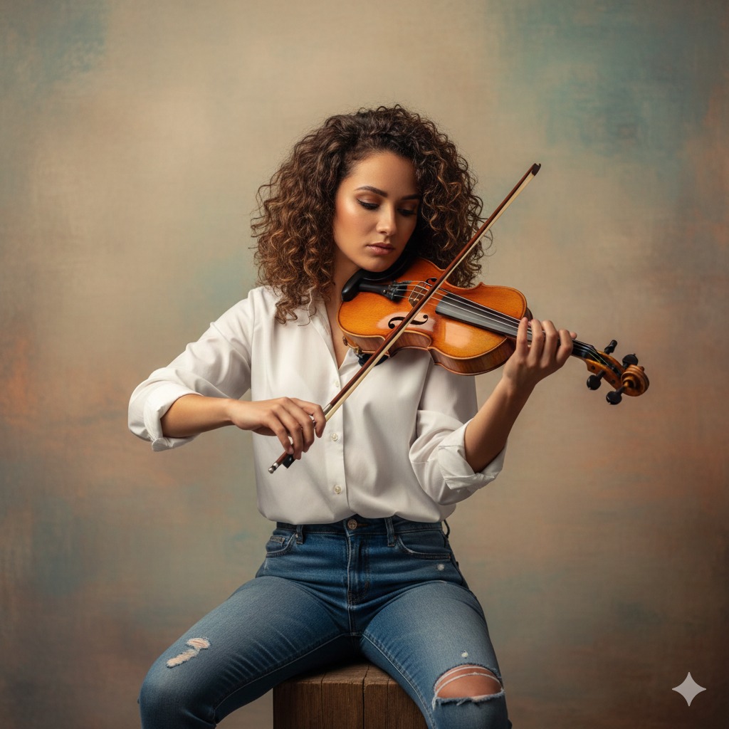 Fine Art Violin Soul | 灵魂乐手艺术肖像 6 Nanobanana模型生成 暖光工作室拉琴写真 - AI绘画提示词参考