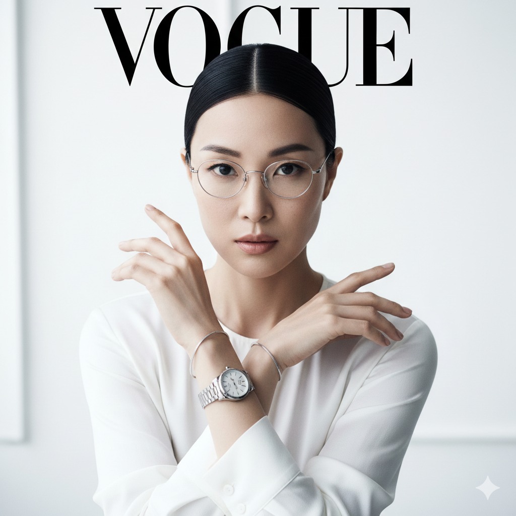 Nanobanana模型生成 极简银镜白绸女郎VOGUE - AI绘画提示词参考