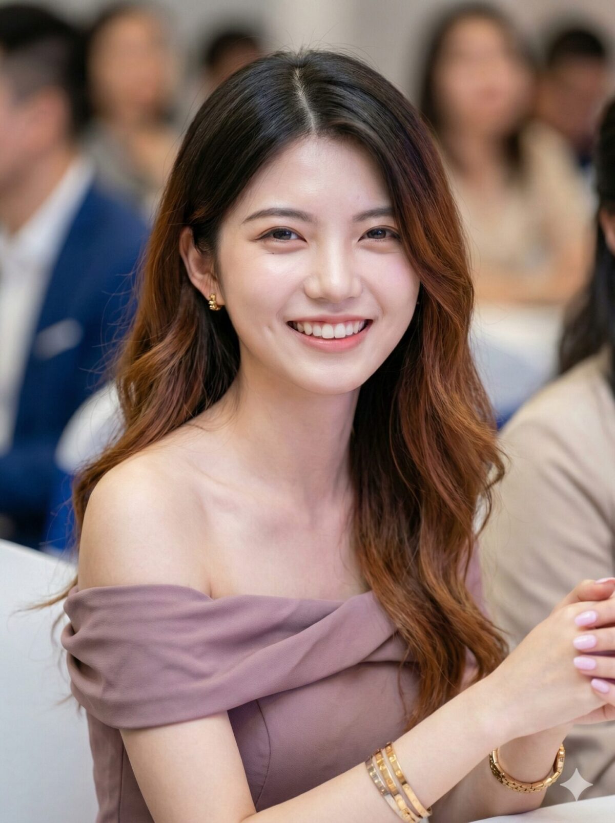 Nanobanana模型生成 雾紫露肩少女甜笑 - AI绘画提示词参考