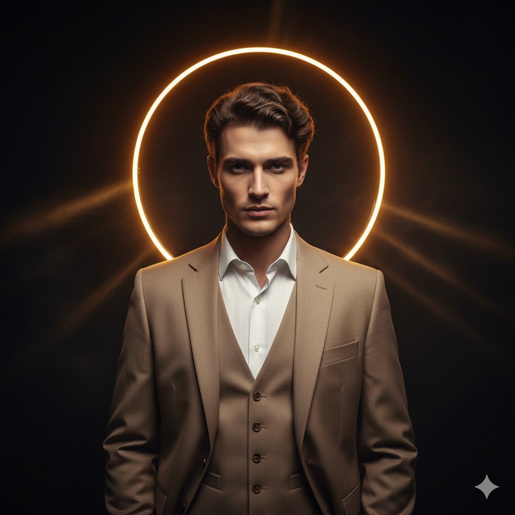 Golden Halo Cinematic Portrait | 金色光环绅士大片 6 Nanobanana模型生成 霓虹光环贵公子 - AI绘画提示词参考