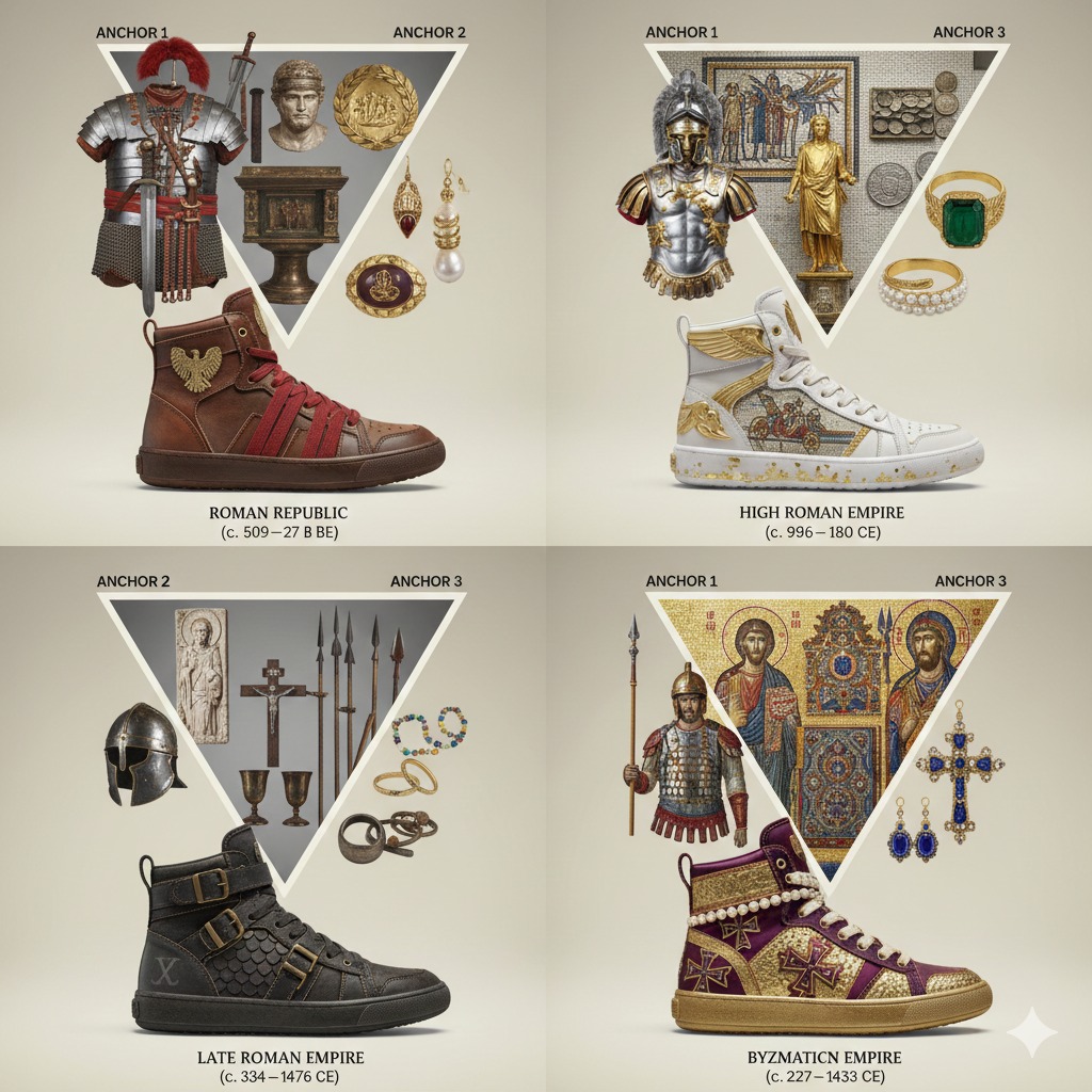 Nanobanana模型生成 高帮战靴融合四帝国 - AI绘画提示词参考