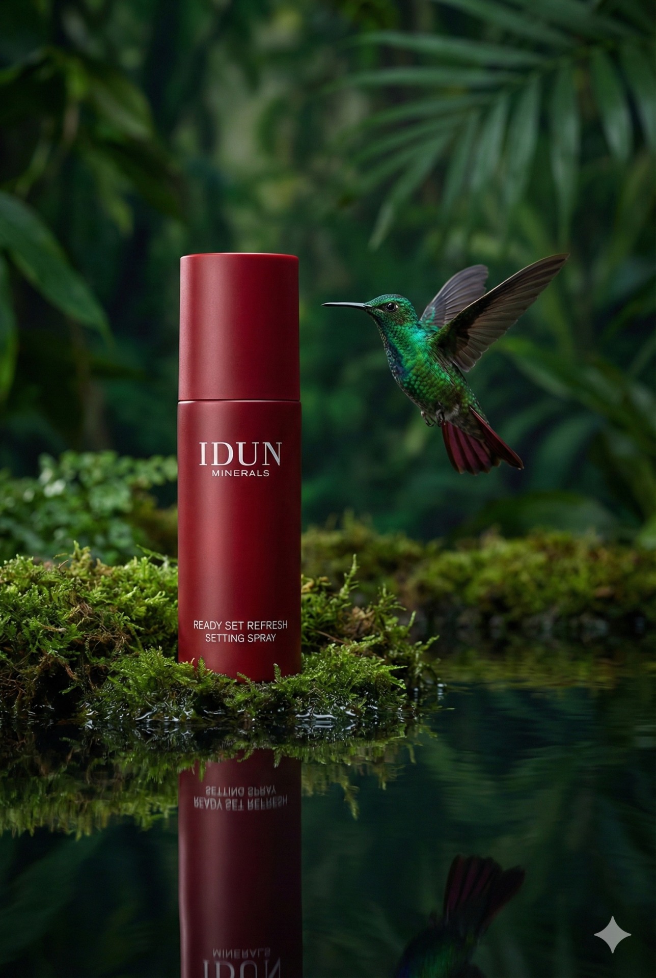 Nanobanana模型生成 雨林蜂鸟与定妆喷雾 - AI绘画提示词参考