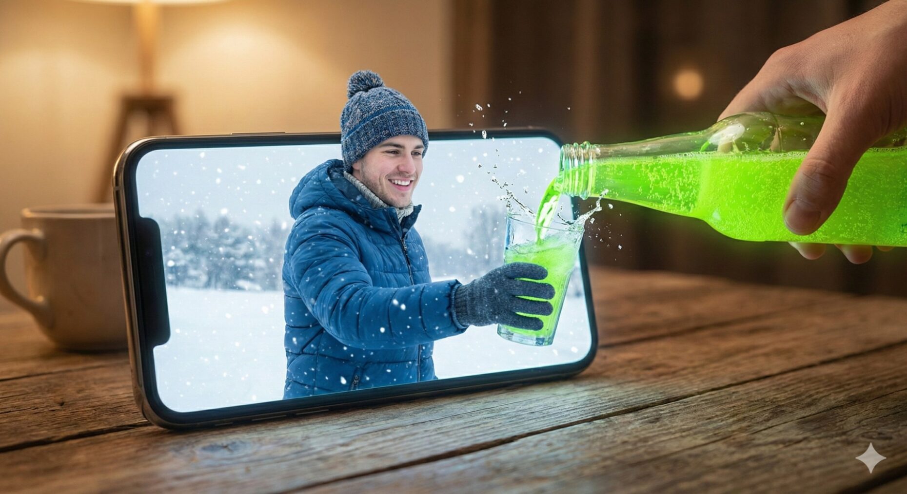 Nanobanana模型生成 霓虹饮料跨越虚实边界 - AI绘画提示词参考