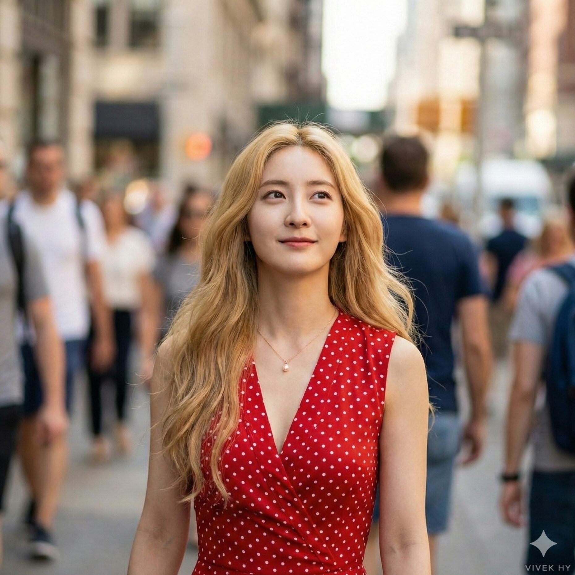 Nanobanana模型生成 红裙金发美人漫步街头 - AI绘画提示词参考