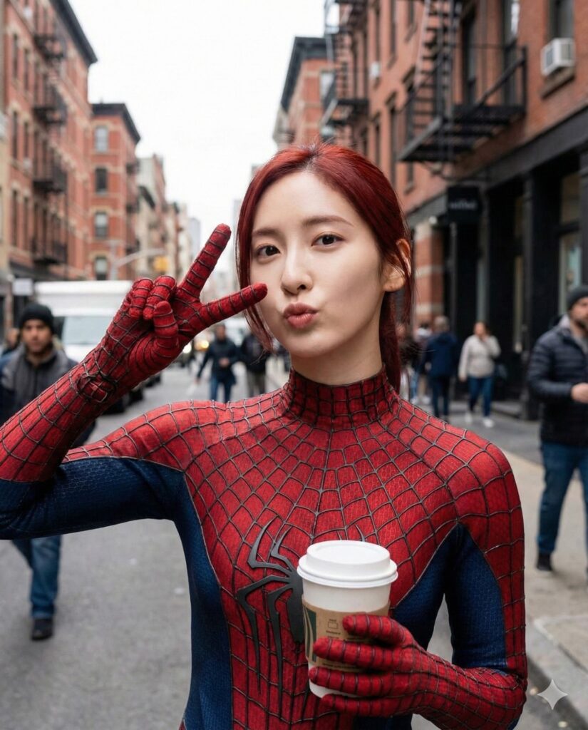 Nanobanana模型生成 街头蜘蛛女侠咖啡瞬间 - AI绘画提示词参考