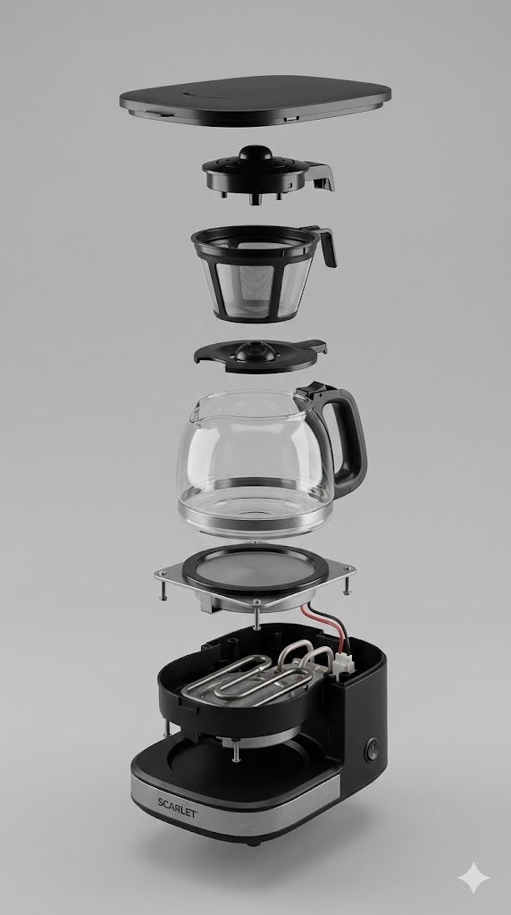 Exploded Coffee Engineering | 极简咖啡机爆炸图 2 黑金咖啡机悬浮爆炸视图