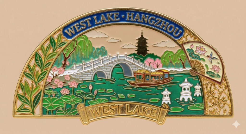 West Lake Enamel Art | 西湖断桥珐琅磁吸 3 Nanobanana模型生成 精致珐琅彩西湖冰箱贴设计 - AI绘画提示词参考