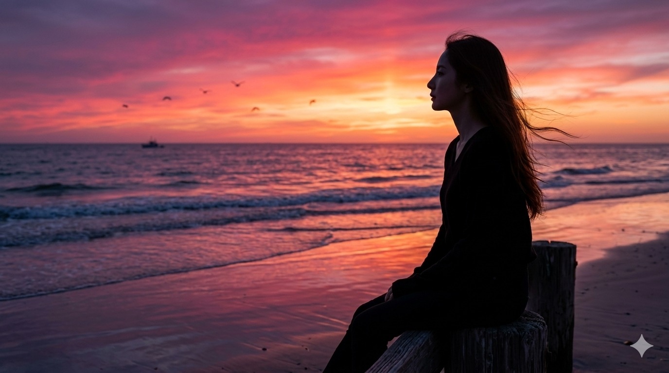 Nanobanana模型生成 绝美夕阳下海边女子的唯美剪影 - AI绘画提示词参考