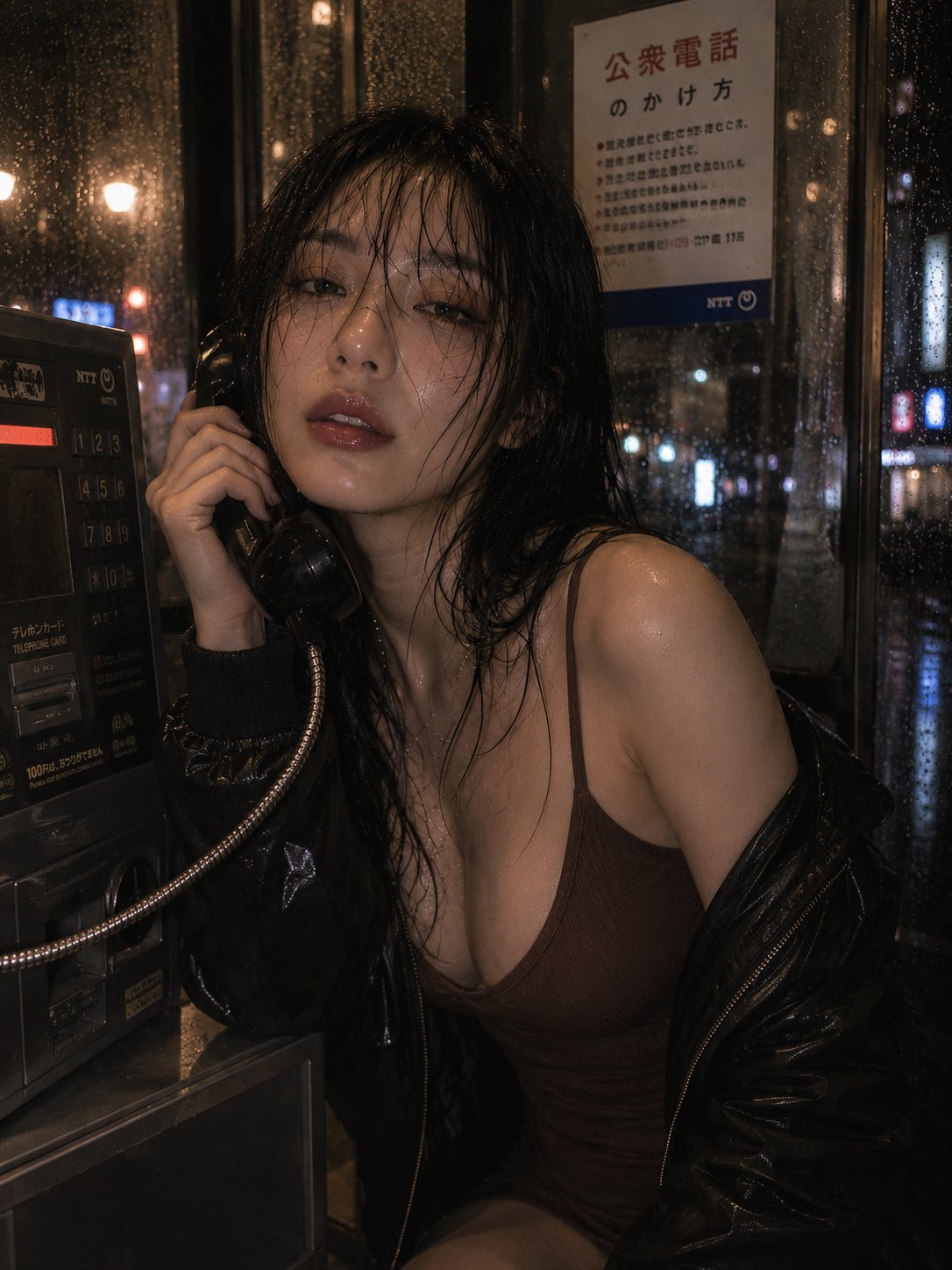 Nanobanana Pro 生成 雨夜电话亭微醺日系私房写真 - AI绘画提示词