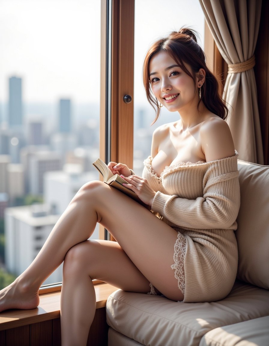 Nanobanana Pro 生成 窗边优雅女性慵懒都市街景氛围 - AI绘画提示词