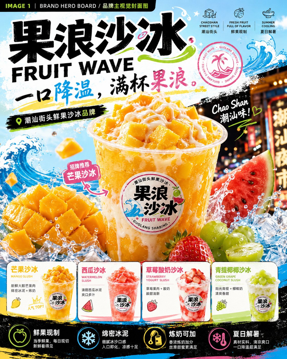 Nanobanana Pro 生成 果浪沙冰品牌视觉提案图 - AI绘画提示词