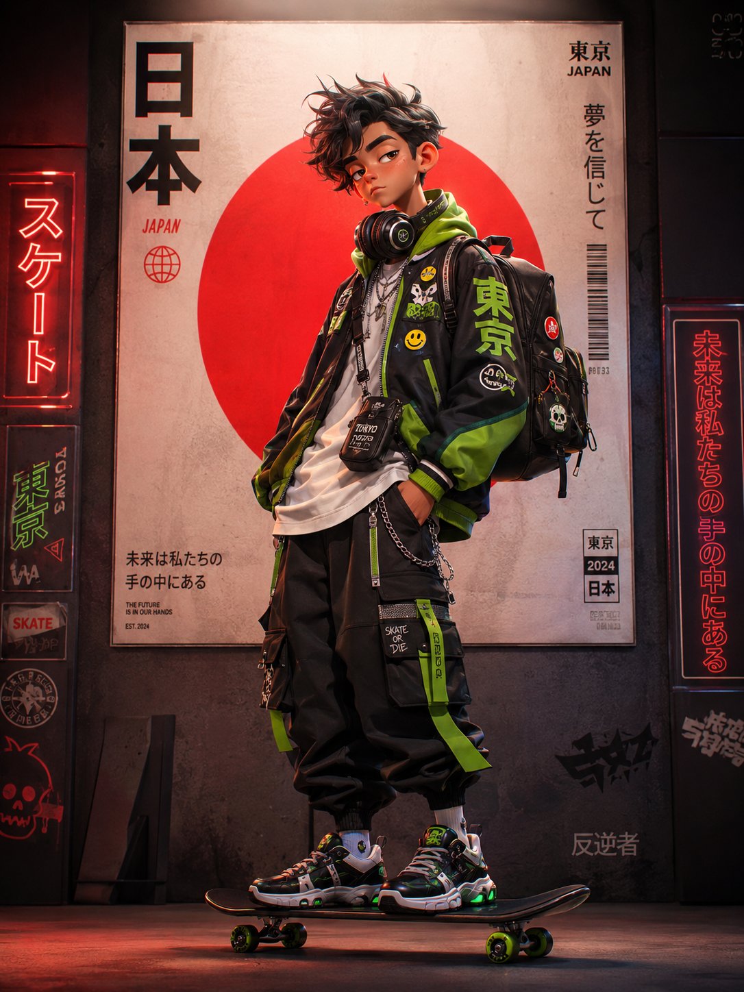 Nanobanana Pro 生成 赛博朋克东京街头潮酷滑板少女人像 - AI绘画提示词