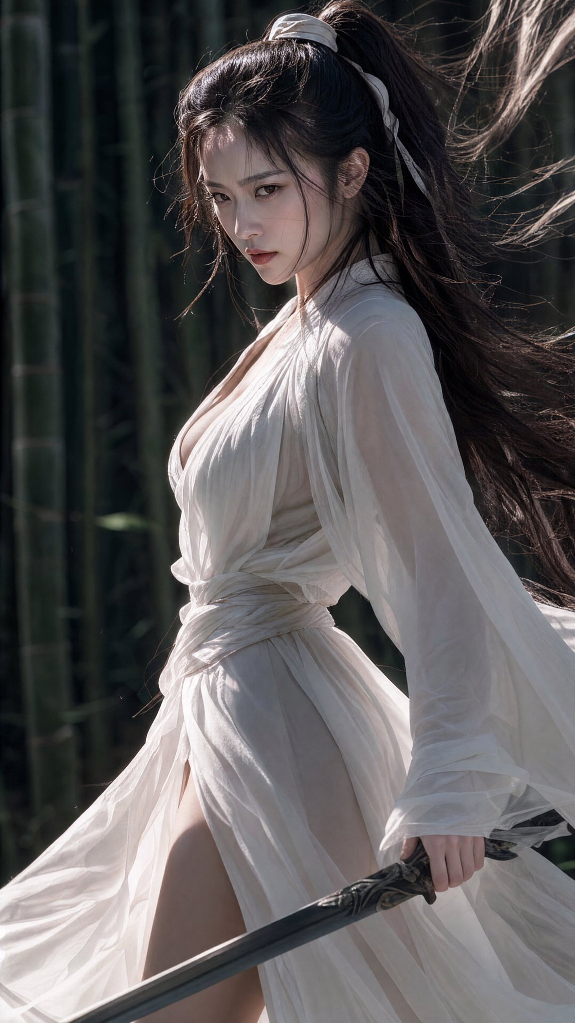 Nanobanana Pro 生成 竹林白衣持剑古风女侠写实电影感写真 - AI绘画提示词