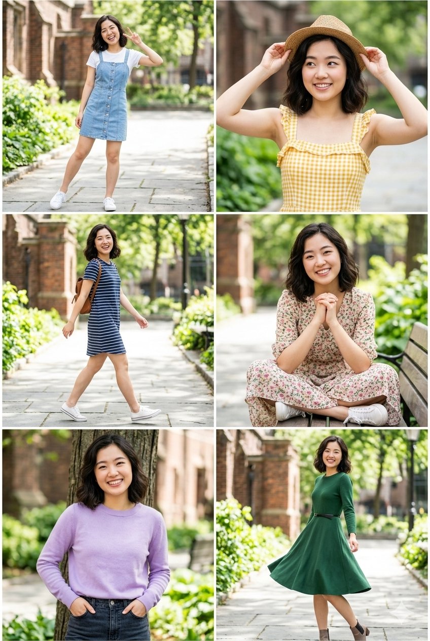 Nanobanana Pro 生成 东亚女性户外穿搭六格人像拼贴画 - AI绘画提示词