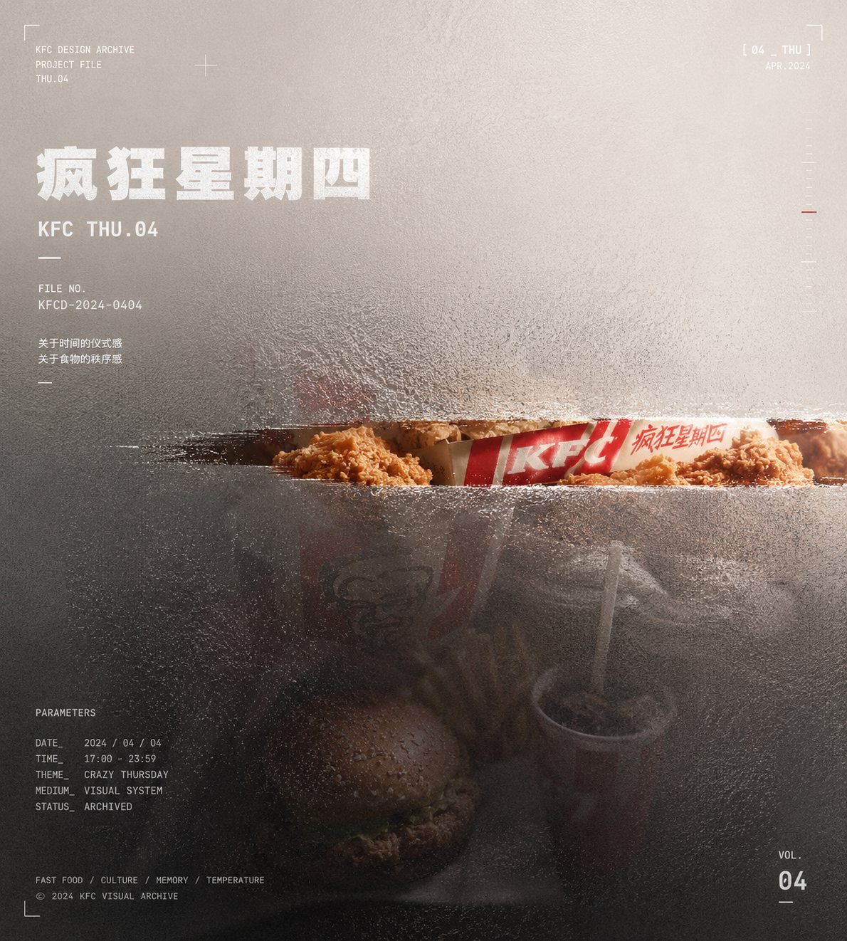 Nanobanana Pro 生成 疯狂星期四KFC压花玻璃质感作品集封面 - AI绘画提示词
