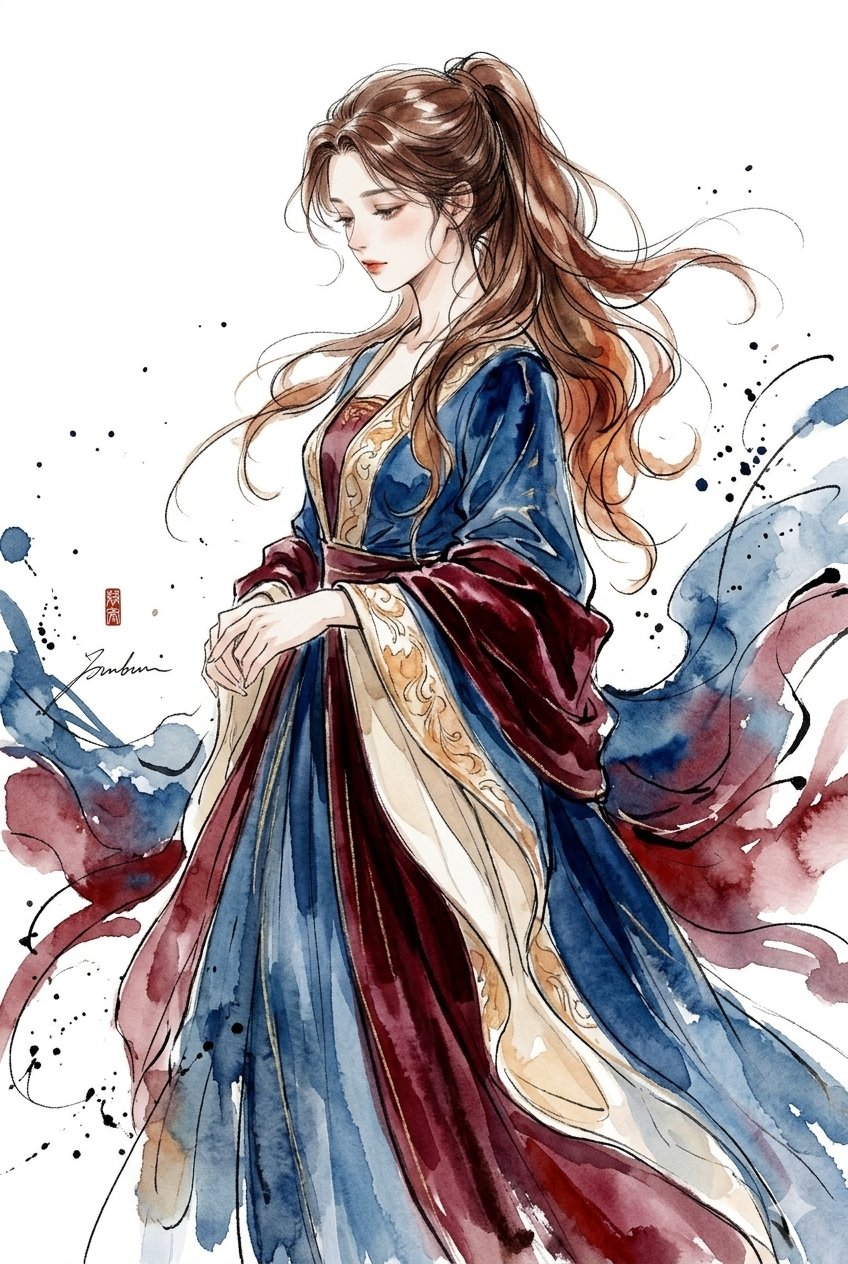 Nanobanana Pro 生成 优雅水彩水墨长发古装女子插画 - AI绘画提示词