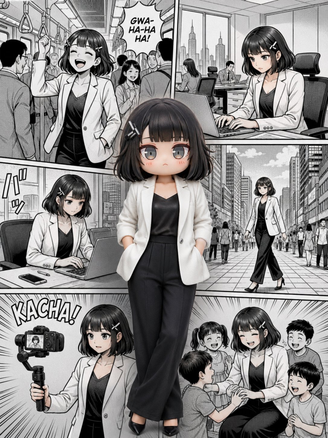 Nanobanana Pro 生成 漫画拼贴背景前的职场女性写实人像 - AI绘画提示词