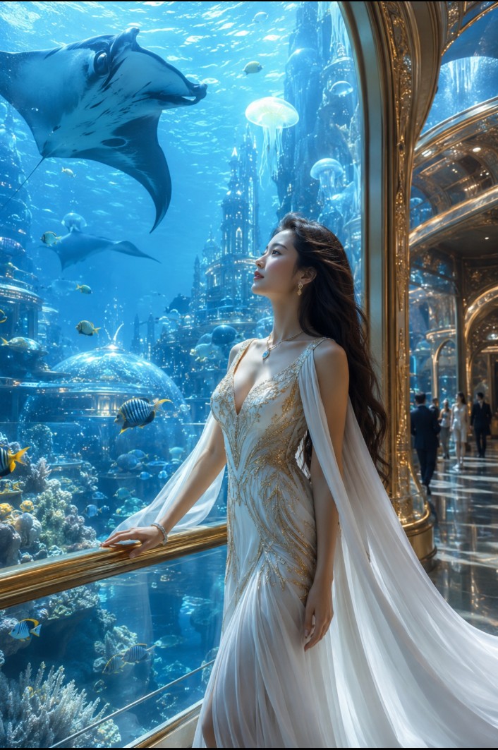 Nanobanana Pro 生成 奢华未来主义水族城市女性人像 - AI绘画提示词