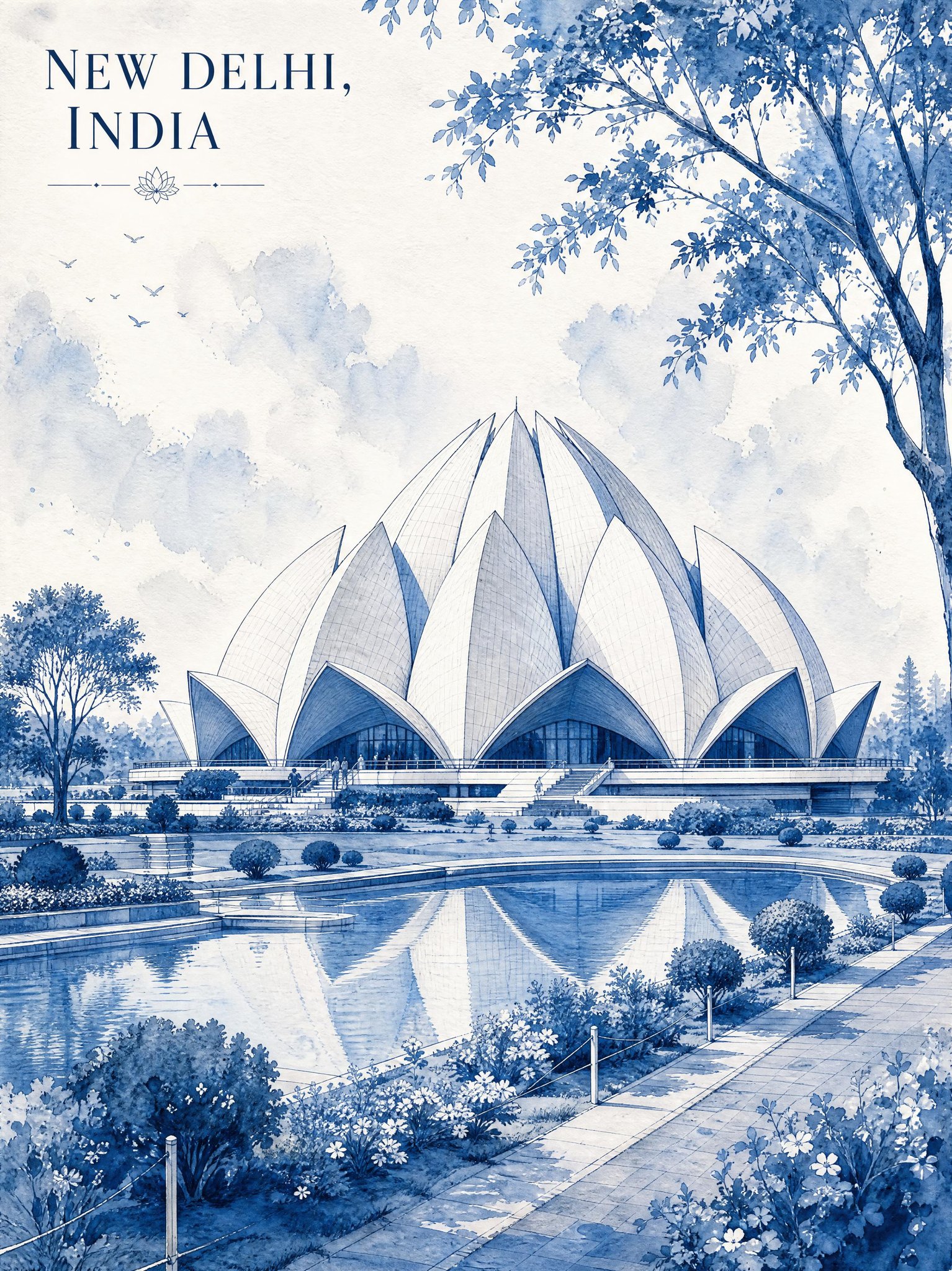 Minimalist Vintage Watercolor Lotus Temple New Delhi | 极简复古单色水彩新德里莲花寺插画 2 Nanobanana Pro 生成 极简复古单色水彩新德里莲花寺插画 - AI绘画提示词