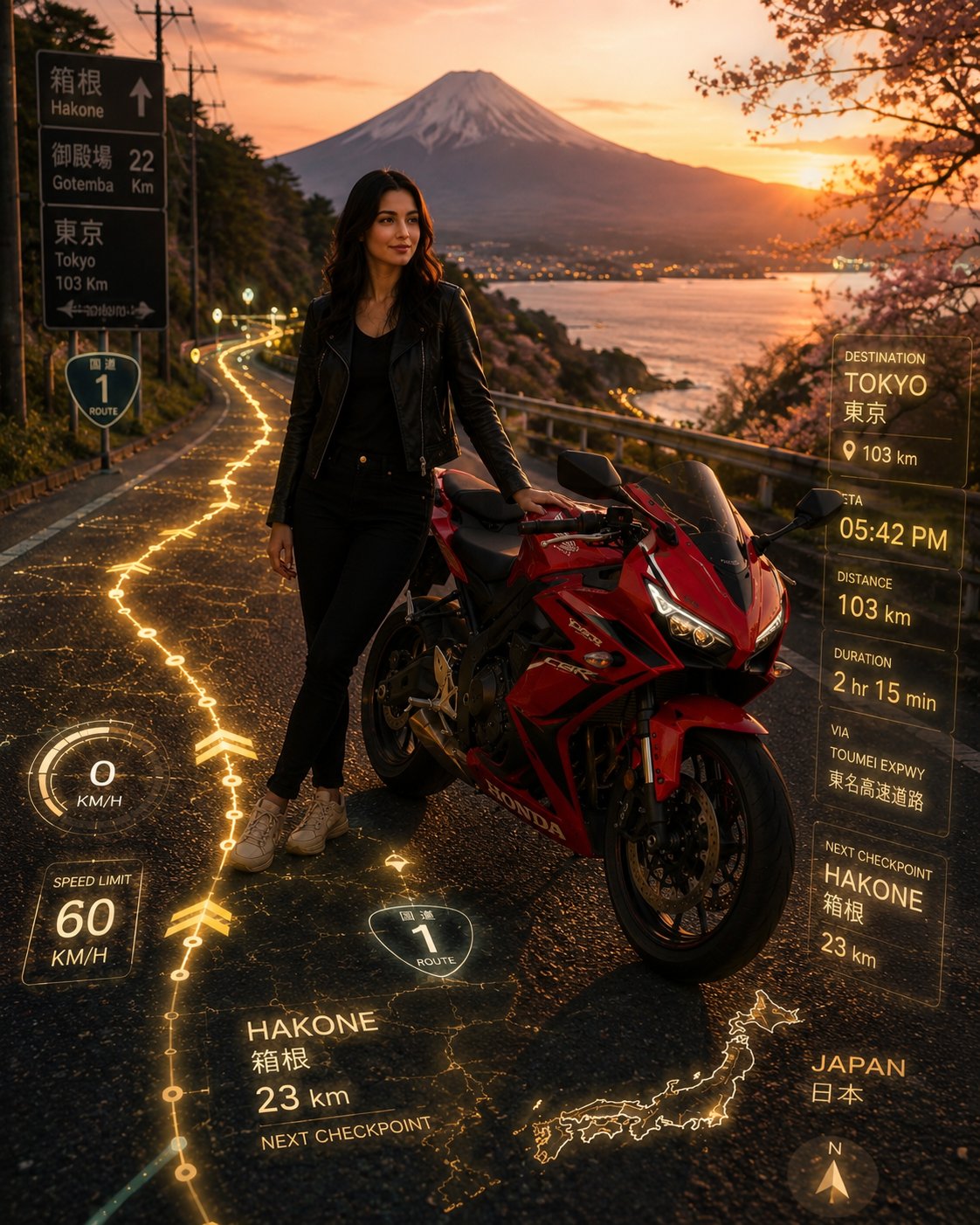 Nanobanana Pro 生成 日本山路红色跑车电影级冒险旅行海报 - AI绘画提示词