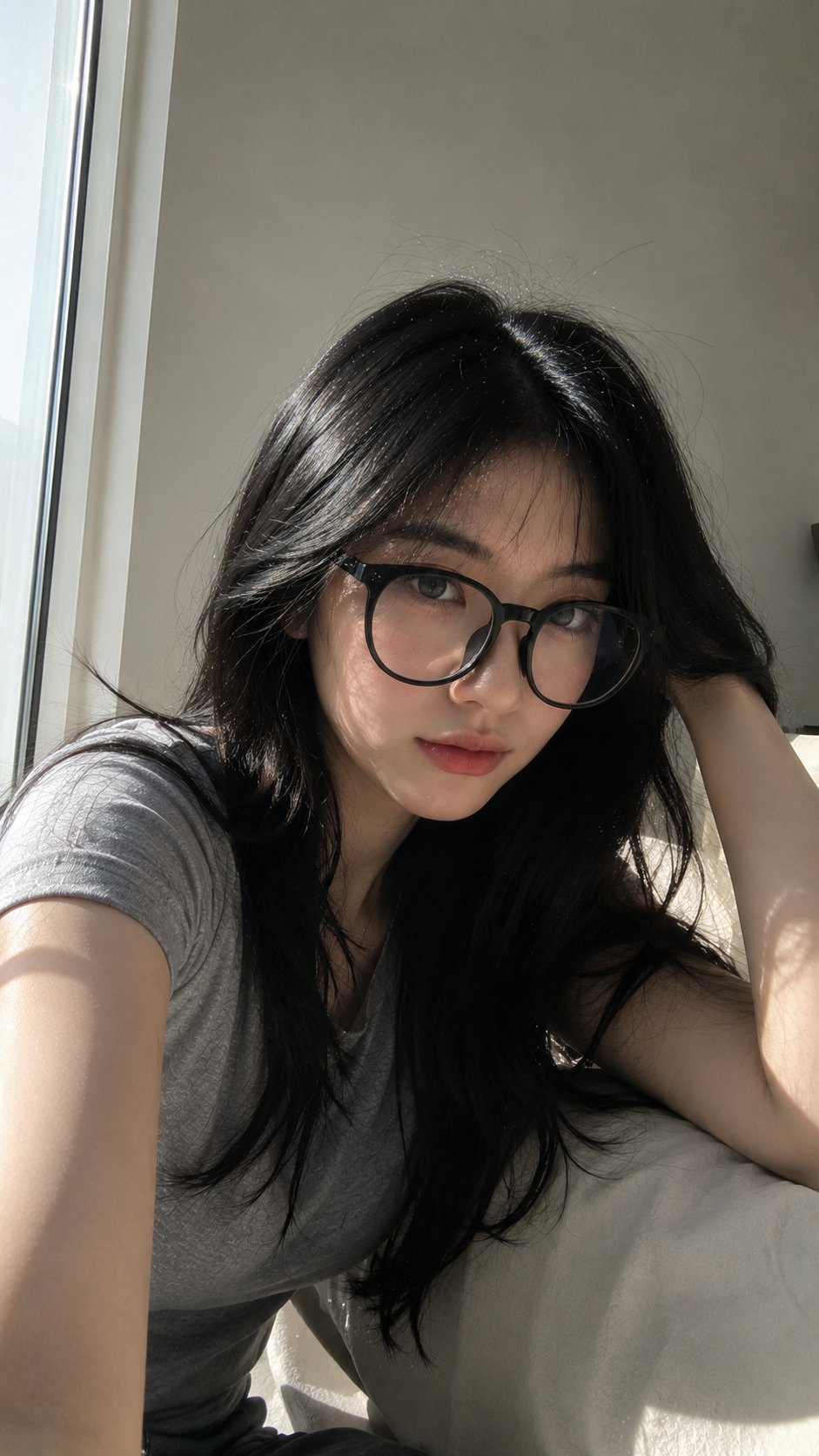 Nanobanana Pro 生成 窗边阳光下的东亚女性写实手机自拍 - AI绘画提示词