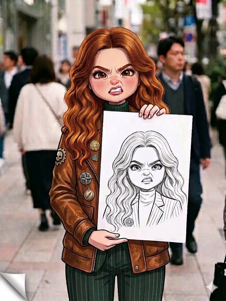 Nanobanana Pro 生成 繁华街头手持素描本的愤怒Q版少女 - AI绘画提示词