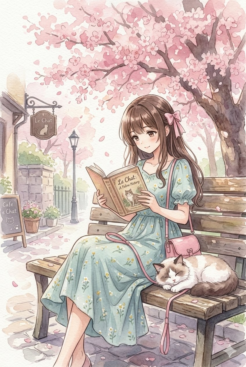 Nanobanana Pro 生成 樱花树下长发少女与猫咪阅读水彩插画 - AI绘画提示词
