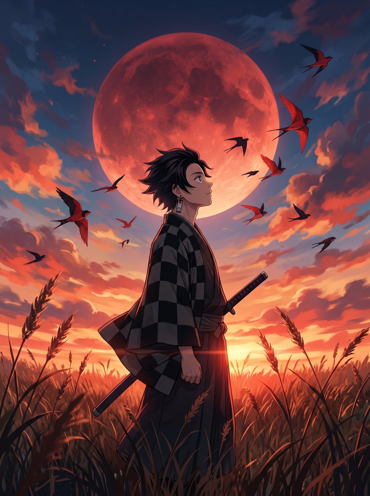 Anime Warrior Red Moon Golden Field | 红月荒原之上的和服动漫武士 2 Nanobanana Pro 生成 红月荒原之上的和服动漫武士 - AI绘画提示词