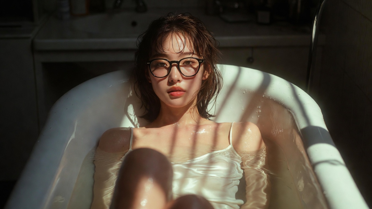 Photorealistic Japanese Korean Female Vintage Bathtub Editorial Portrait | 浴缸内黑框眼镜日韩女性写实人像 2 Nanobanana Pro 生成 浴缸内黑框眼镜日韩女性写实人像 - AI绘画提示词