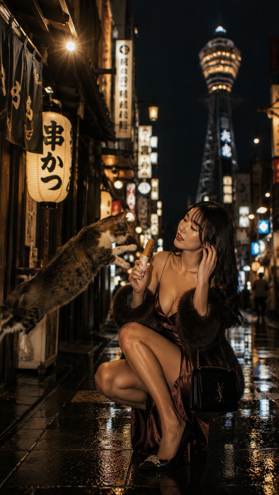 Nanobanana Pro 生成 大阪小巷电影感街拍女性与猫 - AI绘画提示词