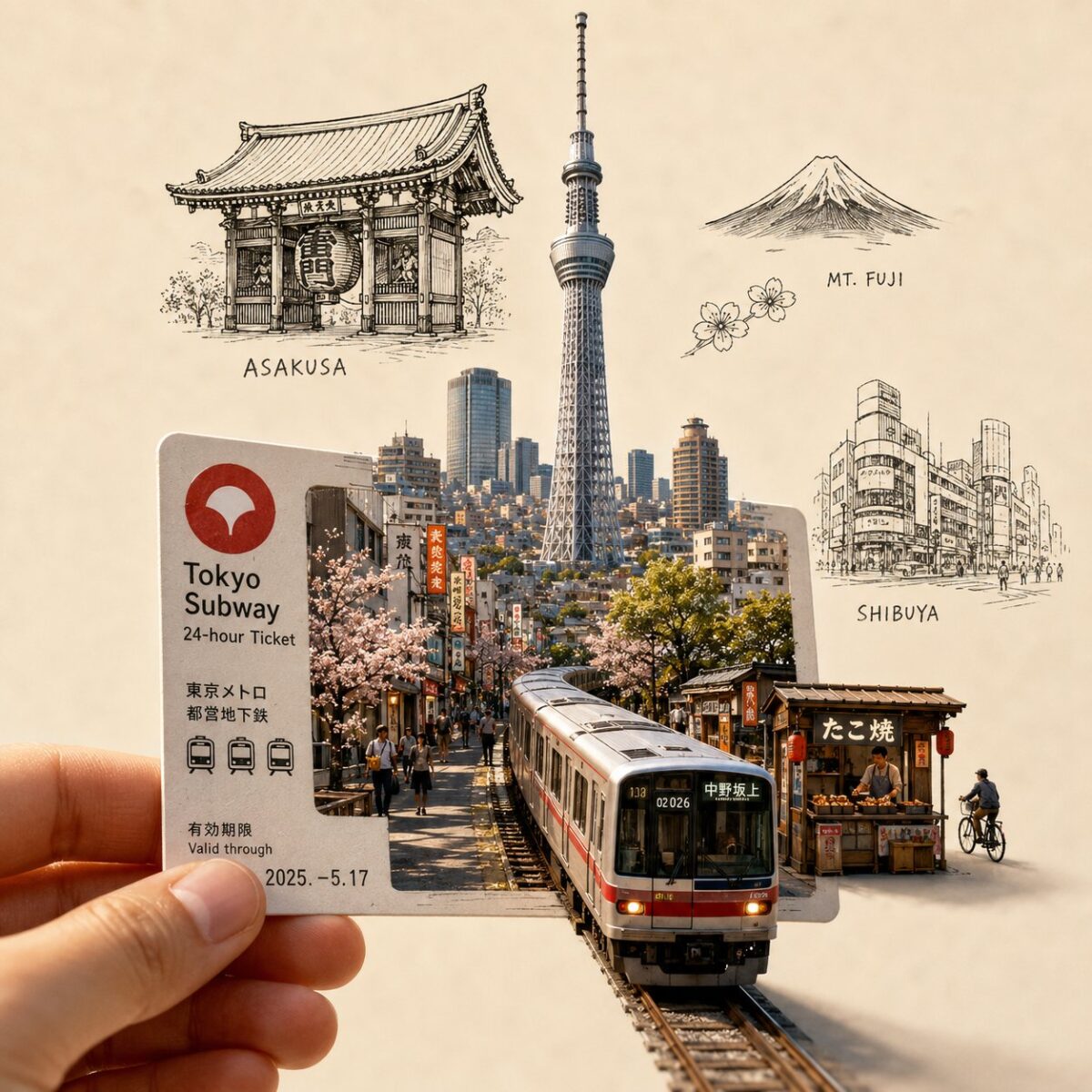 Nanobanana Pro 生成 城市门票微缩景观旅行艺术插画 - AI绘画提示词