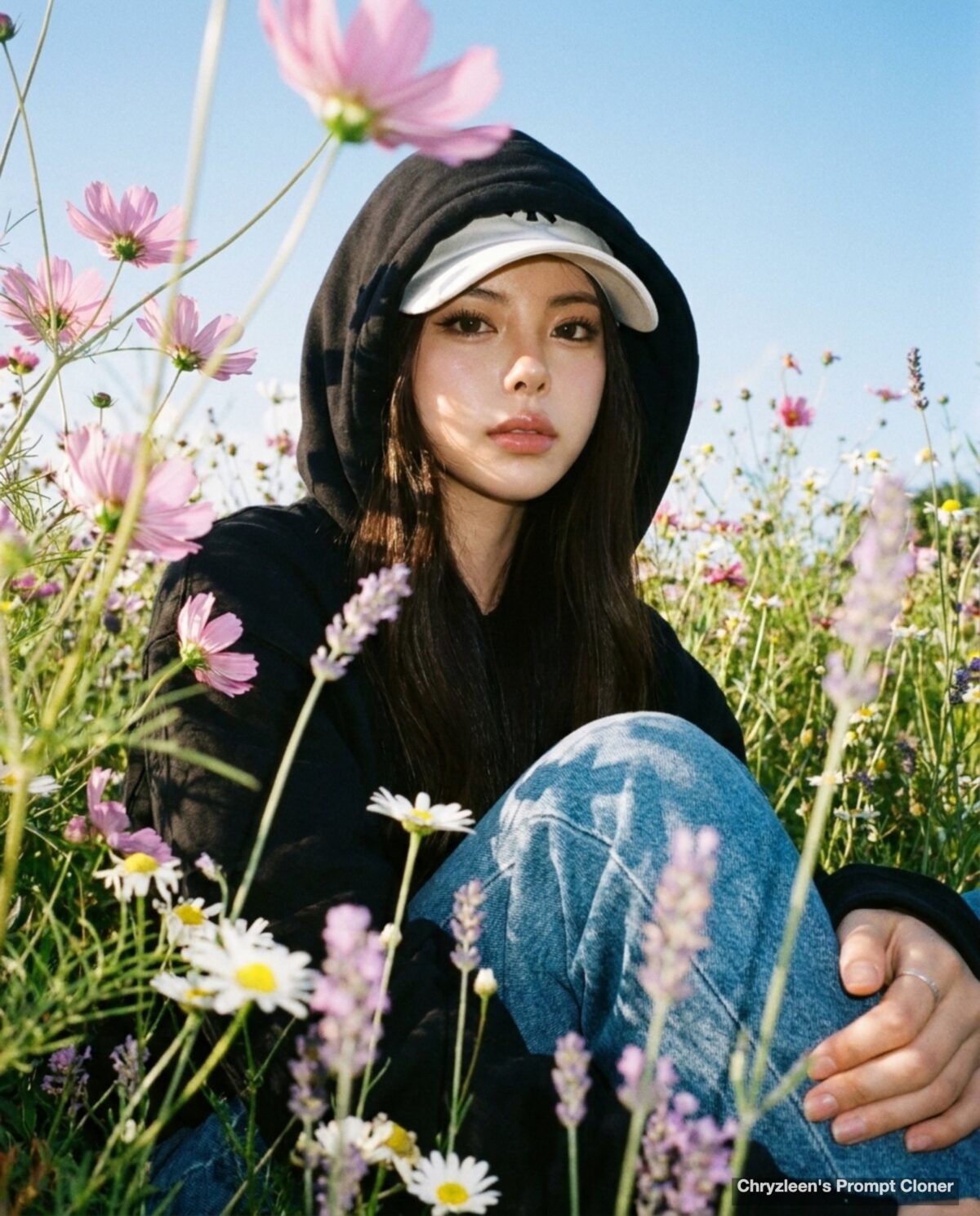 Nanobanana Pro 生成 野花丛中仰拍黑色连帽衫少女 - AI绘画提示词