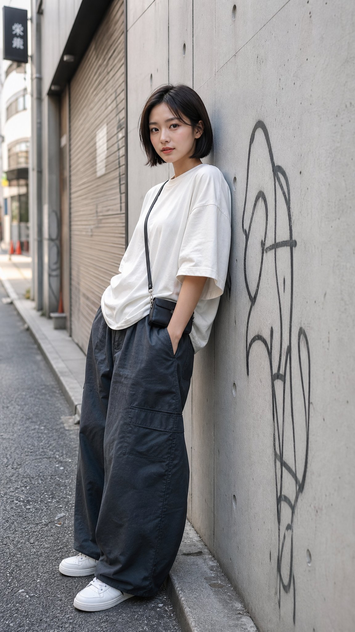 Nanobanana Pro 生成 靠墙而立的短发日本女性写实人像 - AI绘画提示词