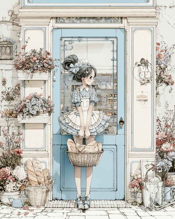 Nanobanana Pro 生成 舒适复古面包店外观动漫少女插画 - AI绘画提示词