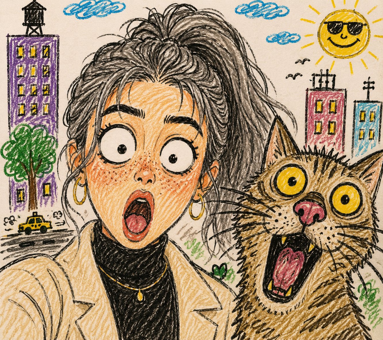 Funny Crayon Sketch Woman Shocked Cat Selfie | 惊讶女孩与搞怪猫咪自拍蜡笔插画 2 Nanobanana Pro 生成 惊讶女孩与搞怪猫咪自拍蜡笔插画 - AI绘画提示词