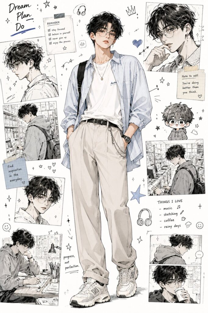 Semi Realistic Anime Korean Boy Moodboard | 韩系少年动漫时尚情绪板设计 6 Nanobanana Pro 生成 韩系少年动漫时尚情绪板设计 - AI绘画提示词
