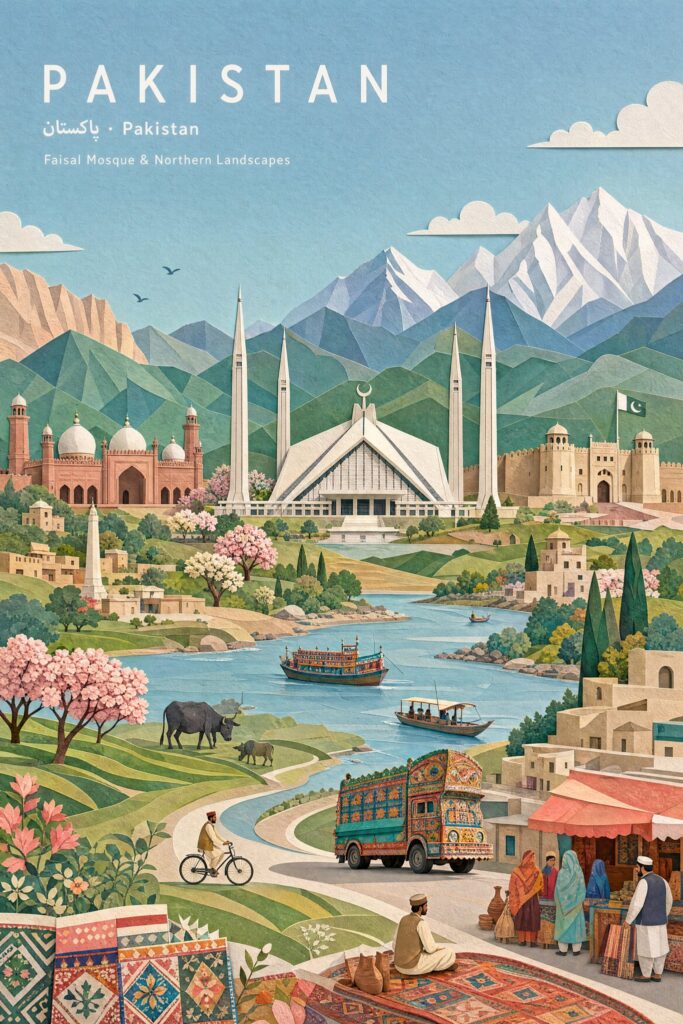 Pastel Paper Collage Pakistan Landscape Prompt | 柔和粉彩纸拼贴风格巴基斯坦风景插画 5 Nanobanana Pro 生成 柔和粉彩纸拼贴风格巴基斯坦风景插画 - AI绘画提示词