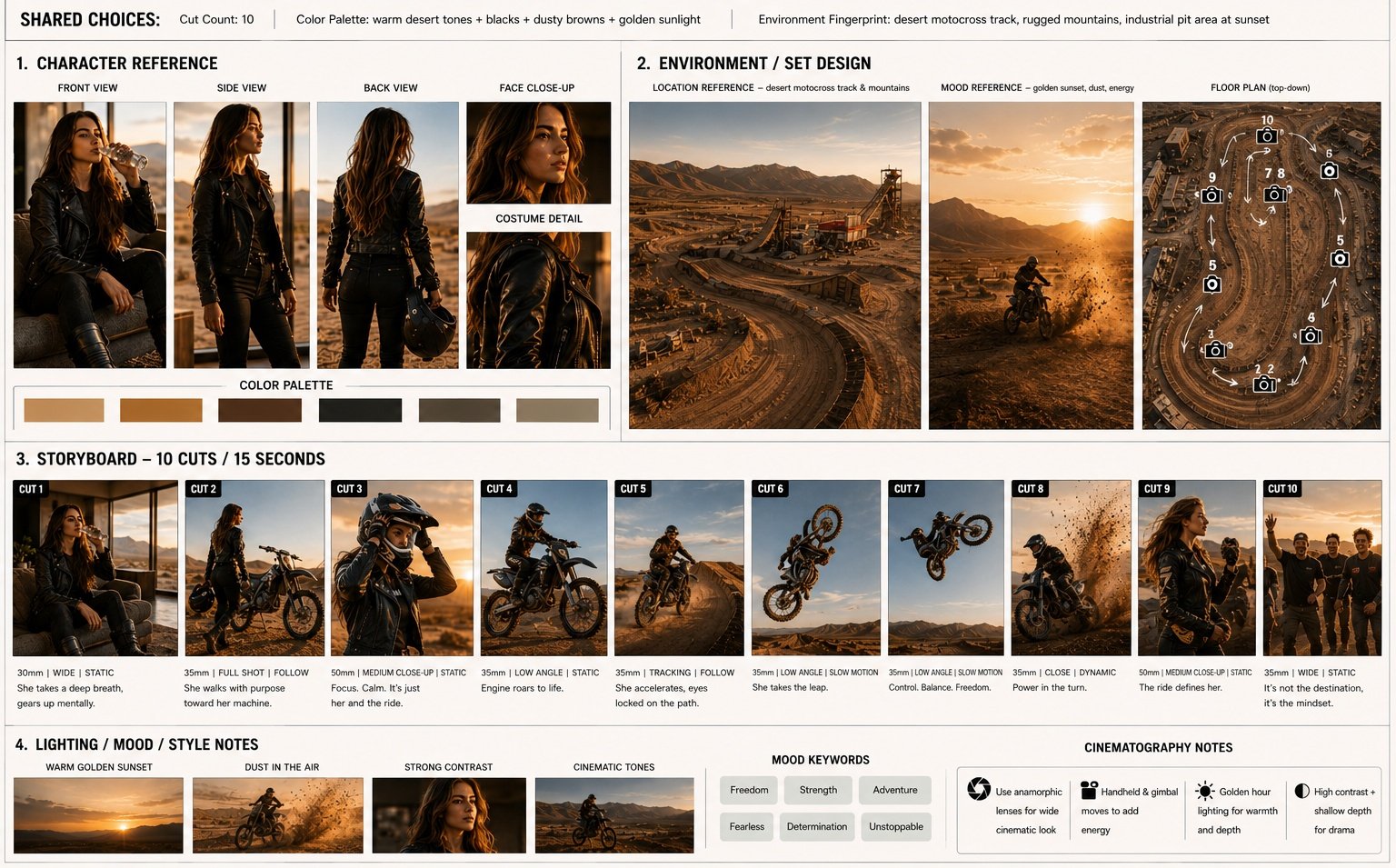Cinematic Desert Motocross Storyboard Sequence | 时尚女性荒漠越野摩托电影分镜 2 Nanobanana Pro 生成 时尚女性荒漠越野摩托电影分镜 - AI绘画提示词
