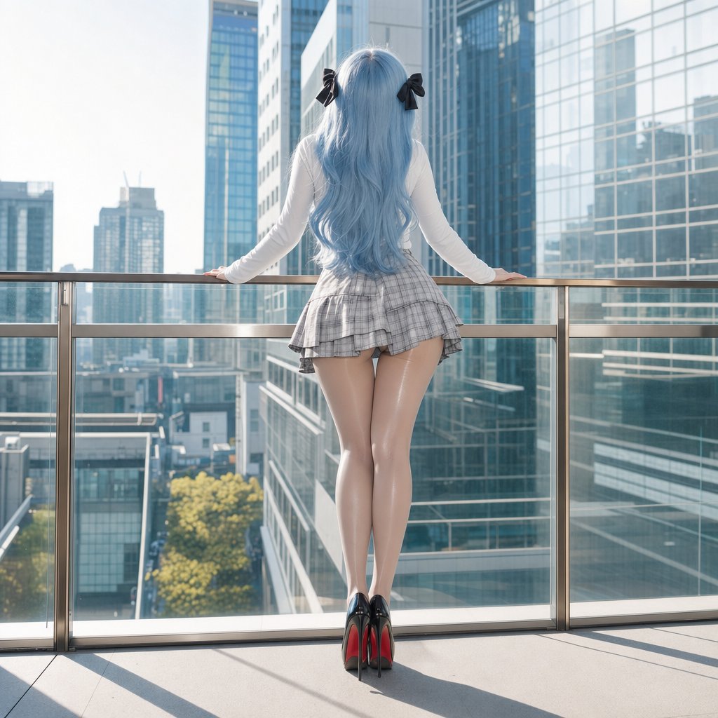 Nanobanana Pro 生成 都市露台浅蓝长发女性全身背影写真 - AI绘画提示词