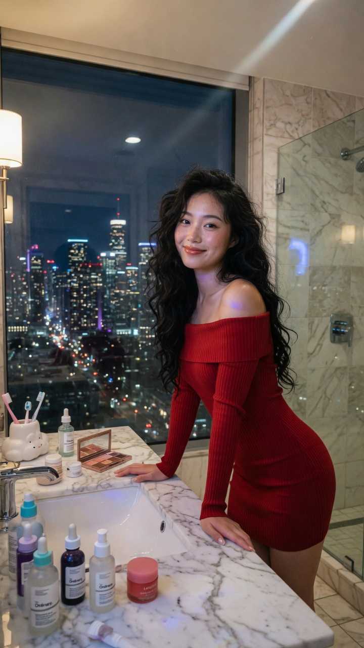 Nanobanana Pro 生成 现代奢华浴室红裙东亚女性夜景人像 - AI绘画提示词