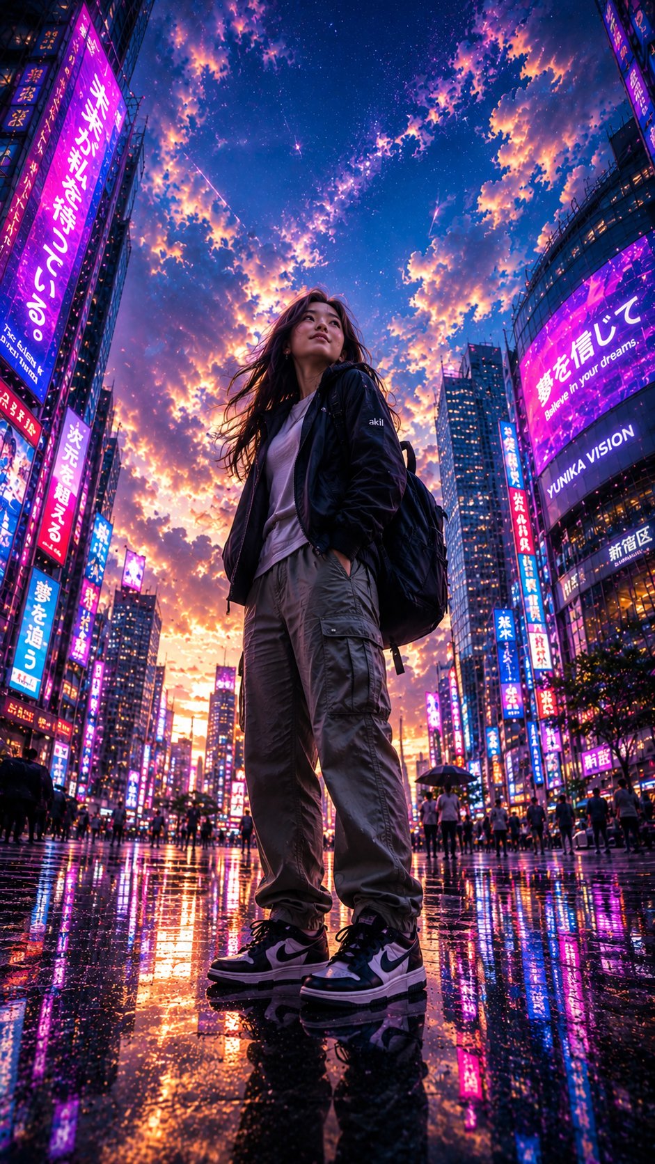 Nanobanana Pro 生成 雨后现代都市街头菲律宾女性仰拍视角 - AI绘画提示词