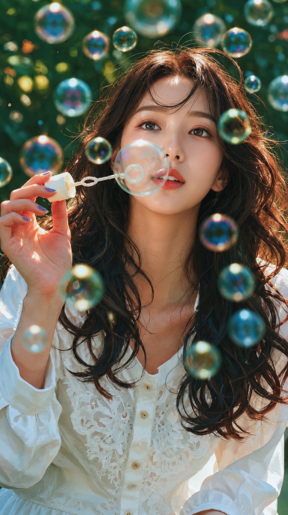 Nanobanana Pro 生成 唯美东亚女性花园吹泡泡超写实人像 - AI绘画提示词